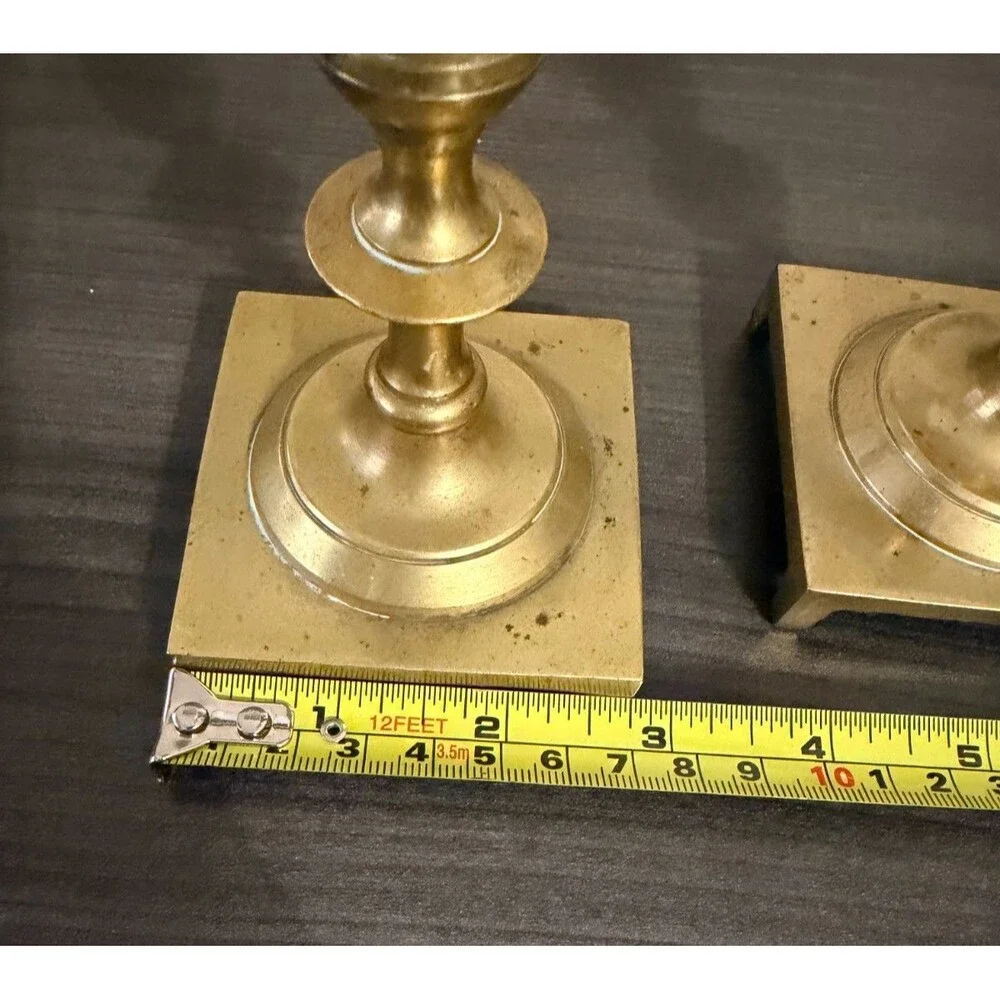 Brass Tone Taper Candle Holders Pair 7.5 Inch Square Footed Base Candlesticks